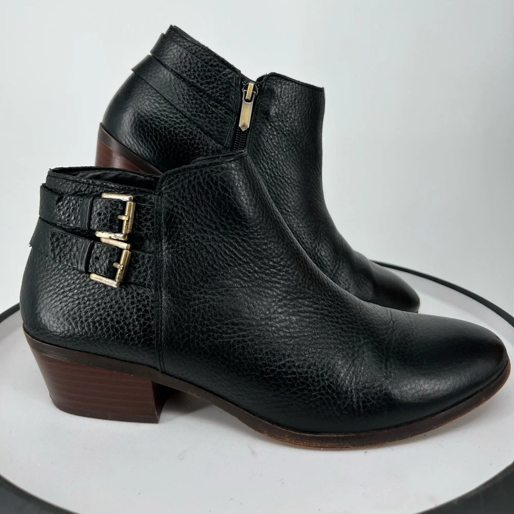 SAM EDELMAN BLACK LEATHER BUCKLE BOOTIES,‎ ALMOND TOE WOODEN HEEL, INSIDE ZIPPER